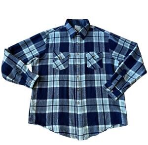 Vintage 1970s Sears Plaid Flannel Shirt Navy Blue XL Tall